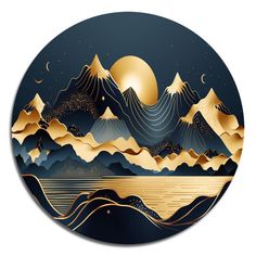 a round painting with mountains and stars in the sky