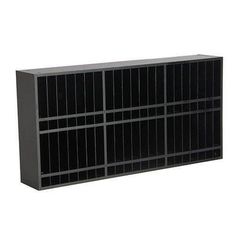 an image of a black shelf with many compartments