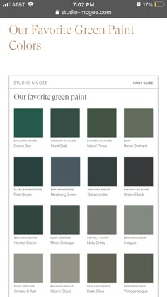 the color chart for our favorite green paint colors, including dark green and light gray