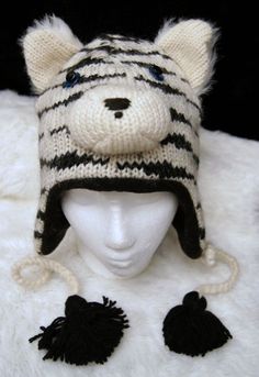 Delux White Tiger Hat Knit Adult Animal Costume Cap Black Flc Lined Toque Beanie Cute Teddies, Lion Crochet, Headband Ideas, Siberian Tiger, Beanie Black, Hat Knit, Animal Hats, Boy Stuff, Quality Hats