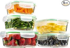 four plastic containers filled with fruits and vegetables