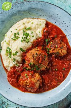 meatballs, mashed potatoes and gravy in a bowl