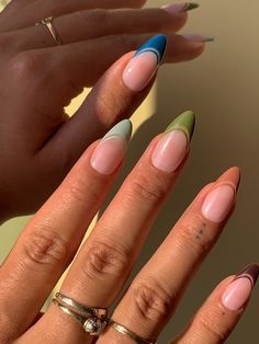 Colorful Pastel French Nails, Almost Acrylic Nails, French Manicure Almond Nails Color, Fullset Nails Acrylics Short, September Oval Nails, Coffin French Tip Color, Almond Nails French Tip And Solid, Mixed French Nails, Almond Nail French Tip Designs