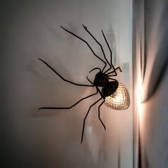 a spider is hanging on the wall next to a light