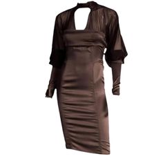 A Gorgeous Rich Brown Fine Stretch Silk Dress From Tom Ford For Gucci. The Dress Portion Is Strapless Then It Is Sheer To The Stand Up Collar At The Neck And To The Elbows Of The Dramatic Leg Of Mutton Sleeves Which Are Opaque From Elbows To The Zippered Wrists. The Semi Fitted Waist Gives Way To A Straight Skirt With Vertical Seaming And Is Unlined With Meticulously Finished Seams And A Side Zipper. Fits Sizes Small, Medium. Marked Italian Size 42. Bust 34-36" Waist 28-30" Hips 38-40" Sleeves F Fitted Silk Midi Dress With Sheer Sleeves, Silk Midi Dress With Sheer Sleeves, Sheer Silk Midi Dress For Formal Occasions, Formal Sheer Silk Midi Dress, Sheer Silk Midi Dress For Evening, Silk Midi Dress With Sheer Sleeves For Party, Elegant Sheer Silk Dress, Elegant Sheer Silk Evening Dress, Fitted Silk Midi Dress With Sheer Details