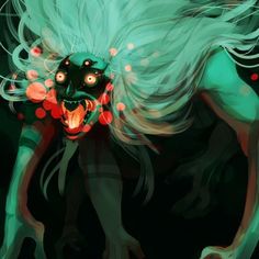 an animal with long white hair and glowing eyes is depicted in this digital art painting