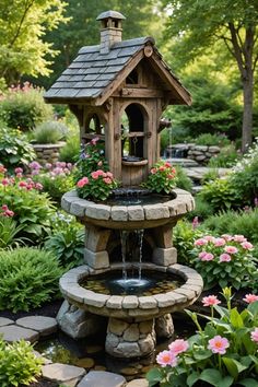 a small bird house sitting on top of a stone fountain in a flower filled garden