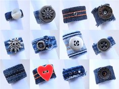 many different types of buttons and jeans on a white background, including one with a heart