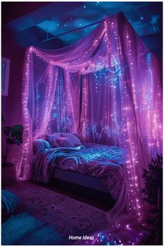 a bed with purple lights on it and a canopy over the headboard is lit up