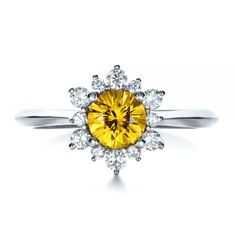 14k White Gold Diamond And Yellow Sapphire Engagement Ring #1403 - Seattle Bellevue | Joseph Jewelry Yellow Diamond Ring With Halo And Round Cut, Yellow Diamond Ring With Halo Setting And Round Cut, Yellow Diamond Ring With Halo Setting For Promise, Yellow Diamond Halo Ring For Wedding, Yellow Diamond Cluster Ring With Prong Setting, Sunflower Stuff, Bf Ideas, Yellow Sapphire Engagement Ring, Antique Wedding Jewelry