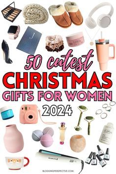 the words 50 cutest christmas gifts for women are in front of an image of various items