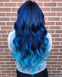 Blue Vivid Hair Color, Blue And Rainbow Hair, Shades Of Blue Hair Color, Dark Blue To Light Blue Hair Ombre, Blue Fade Hair, Blue Hair Ideas For Brunettes, Blue Bayalage Hair, Blue Hair With Highlights, Winter Blue Hair