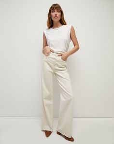 Taylor Wide-Leg Jean - Ecru High Rise Wide Leg Jeans, Plain White Tee, Style Goals, Japanese Denim, Muscle Tee, La Fashion, Veronica Beard, Muscle Tees, Jeans For Sale