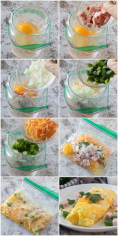 the steps to make an omelet with vegetables and meats in glass bowls