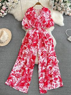 Floral Print V-Neck Long Sleeve Jumpsuit Designer Overalls, Wide Leg Romper, Designer Jumpsuits, Jumpsuit Elegant, Long Romper, Color Ink, Floral Jumpsuit, Long Sleeve Jumpsuit, Printed Jumpsuit