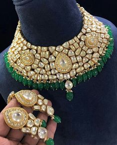 One of a kind Indian handmade Kundan Jewelry Statement Choker Necklace for Indian as well as pakistani brides. Its made out with silver and copper mix materials and all handsetted Kundan stones using silver foils with long last guarantee and its gold plated with 22k Gold. Its Nicely Handcrafted with Golden Kundan with hangings of Emerald Green Beads like shown in picture. Its perfect for all wedding and bridal Ceremony as well as wedding gift and its can be match with all outfits as its clear ku Green Kundan Necklace, Pakistani Brides, Green Choker, Bridal Necklaces, Kundan Choker Necklace, Unique Wedding Jewelry, Kundan Jewellery Bridal, Pakistani Bridal Jewelry, Jewelry Kundan