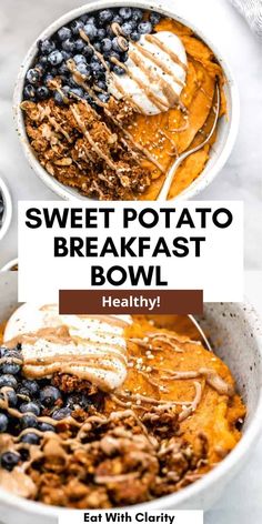 sweet potato breakfast bowl with yogurt and blueberries