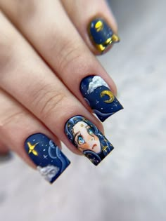 #nailart #nailsofinstagram #naildesign #bluenails #gold #stars #синий #росписьногтей #рисункинаногтях Star Wars Nails, Animation Nails, Cartoon Nail Art, Neon Acrylic Nails, Cartoon Nails, Nail Courses, Gold Nail Art, Hard Nails