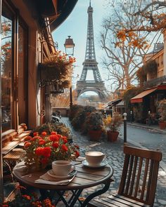 the view of the eiffel tower from an outside cafe