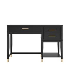 a black desk with two drawers and gold trimmings on the bottom drawer, against a white background