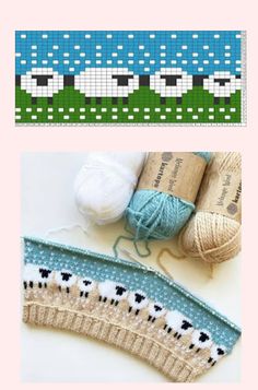 two pictures with yarn and balls of yarn on the same page, one has a crochet border