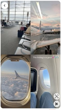 the view from an airplane window shows clouds and planes