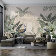 a living room filled with lots of furniture and wallpaper covered in tropical plants on the walls