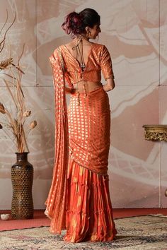 Rust orange banarasi georgette pre-draped sharara saree with circular motifs embroidery. Comes with a banarasi brocade blouse with cutdana hand work. - Aza Fashions Sharara With Blouse, Sharara Saree, Motifs Embroidery, Dhoti Saree, Banarasi Brocade, Brocade Blouse, Orange Saree, Saree Banarasi, Brocade Blouses