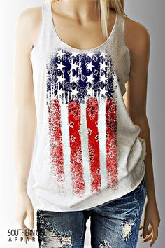 Bandana American Flag Racerback Tank Top for Women.  #southerngirlapparel #flagshirts #flagtanks #americanflag #flag #flagtanktop #tanktops  #womenstanktops #tanktopwomen #countrytanks #countryshirts #country Red Cotton Racerback Tops, Patriotic American Flag Print Top For Spring, Patriotic American Flag Print Tops For Spring, Red Tops With American Flag Print For Spring, Casual American Flag Print Tank Top, Sleeveless Tops With American Flag Print For Spring, Casual American Flag Print Sleeveless Tank Top, Casual Sleeveless Bandana Print Tops, American Flag Print Cotton Tank Top For Independence Day