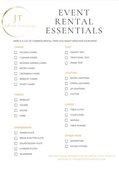 the event rental checklist is shown in gold and white