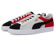 PUMA Suede Classic XXI - Men's Shoes : Cool Light Gray/For All Time Red : Keep it cool and casual in the PUMA Suede Classic XXI featuring a classic lace-up style sneaker boasting all over suede detail and branding/logos throughout. Available in six suede color options. Leather upper. Textile lining. Synthetic sole. Imported. Measurements: Weight: 14 oz Product measurements were taken using size 9, width D - Medium. Please note that measurements may vary by size. Weight of footwear is based on a Custom Low-top Suede Sneakers For Streetwear, Custom Suede Low-top Sneakers For Streetwear, Sporty Suede Skate Shoes With Laces, Suede Custom Sneakers For Streetwear With Laces, Suede Custom Sneakers For Streetwear, Streetwear Suede Custom Sneakers With Laces, Sporty Suede Sneakers For Streetwear, Casual Red Suede Custom Sneakers, Urban Suede Skate Shoes With Laces