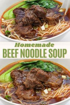 beef noodle soup in two bowls with chopsticks