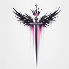 a cross with wings and a crown on top is painted in pink, black and white