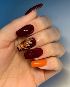 Finger Nail Designs For Fall, Autumn Sunflower Nails, Sunflower Nails Fall, Fall Sunflower Nails Design, Unique Fall Nail Designs, Fall Floral Nail Designs, Red Fall Nails Acrylic, Gel Nail Designs Autumn, Autumn Nails Colors Orange