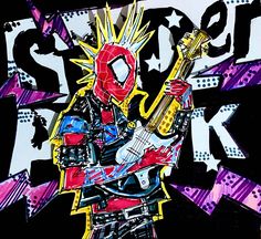 a drawing of a man with a guitar in his hand and wearing a spiderman mask