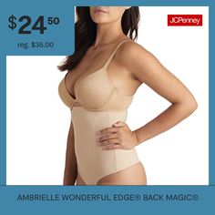 Contour your curves with Ambrielle women's Wonderful Edge® high-waist thong shapewear. This tag-free body shaper is made from breathable fabric with a comfortable stretch for extra tummy control with firm support combined with the brand's Back Magic® technology for an overall smoothing look.Features: Back Support, Silicone Grips, Back SmoothingConcerns: Torso + Back, Waist, Tummy SolutionsRise: High RiseSupport: Firm SupportFiber Content: 64% Nylon, 36% SpandexFabric Description: WovenC… Back Support, Body Shaper, Body Shapers, Shapewear, Breathable Fabric, Overalls, High Waist, Wonder, High Waisted