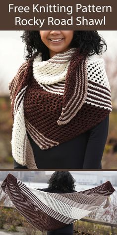 a woman wearing a knitted shawl with the text free knitting pattern rocky road shawl