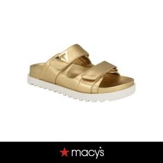 in stock Gold Open Toe Slides With Buckle Closure, Gold Slide Footbed Sandals With Buckle Closure, Gold Slide Footbed Sandals With Buckle, Gold Open Toe Footbed Sandals With Cushioned Sole, Casual Gold Sandals With Textured Footbed, Gold Open Toe Footbed Sandals With Cushioned Footbed, Casual Gold Round Toe Sandals, Spring Gold Footbed Sandals With Buckle Closure, Gold Buckle Closure Slip-on Sandals