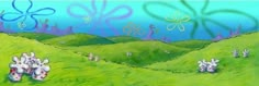 an animated scene with sheep grazing in a green field and butterflies flying over the hills