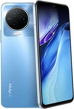 an image of the back and side view of a blue smartphone with its camera open