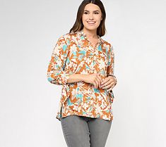 A pretty print gives this button-front shirt its feminine flair. You'll love this alternative to those ordinary tees. From Susan Graver. Susan Graver, Pretty Prints, Button Front Shirt, The Kitchen, Length Sleeve, A Line, Top Blouse, Shirt Blouses, Love This