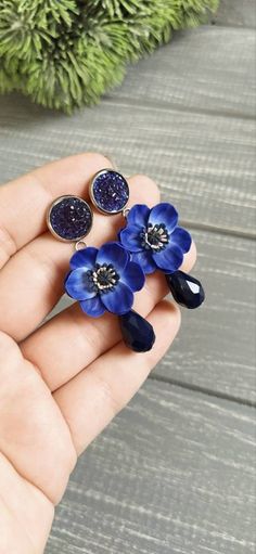 Blue 3d Flower Drop Earrings, Blue Flower Charm Drop Earrings, Elegant Blue Jewelry With 3d Flowers, Elegant Blue Drop Earrings With Flower Charm, Blue Drop Earrings With Flower Charm, Mouldit Clay, Royal Blue Jewelry, Dark Blue Earrings, Ear Ring