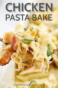 a spoon full of chicken pasta bake on top of a white plate with text overlay