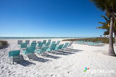 rows of lawn chairs sitting on top of a sandy beach