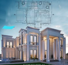 an architectural drawing of a large house with columns and pillars on the front, along with floor plans