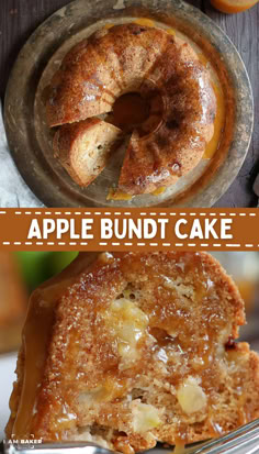 an apple bundt cake is cut in half and served on a plate