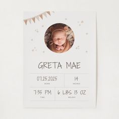 a birth announcement card with a baby's photo and bunting on the side