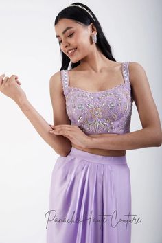 Lavender Color Dhoti with Hand-embroidered Crop Top – Panache Haute Couture Festive Resham Embroidery Crop Top For Party, Embroidered Satin Sets For Reception, Festive Resham Embroidery Crop Top, Party Crop Top With Resham Embroidery, Purple Silk Pre-draped Saree For Party, Traditional Evening Choli With Pearl Embroidery, Purple Embellished Pre-draped Saree For Reception, Reception Tissue Silk Pre-draped Saree In Purple, Art Silk Tops With Traditional Drape For Party