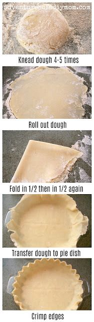 four different stages of pie dough being rolled and uncooked, with instructions on how to make them