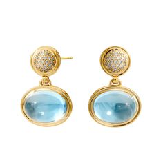 Mogul Blue Topaz & Diamond Earrings Luxury Yellow Gold Diamond Earrings With Gemstones, Formal Blue Pave Set Earrings, Exquisite Round Cabochon Earrings, Blue Pave Set Earrings For Formal Occasions, Yellow Gold Round Diamond Earrings With Polished Finish, Luxury Diamond Cabochon Earrings, Yellow Gold Cabochon Earrings For Anniversary, Luxury Diamond Earrings With Cabochon, Luxury Round Cabochon Earrings